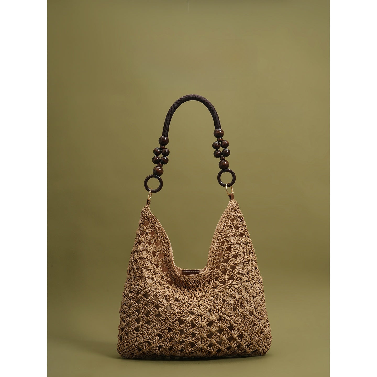 Woven Straw Beaded Shoulder Tote Bag