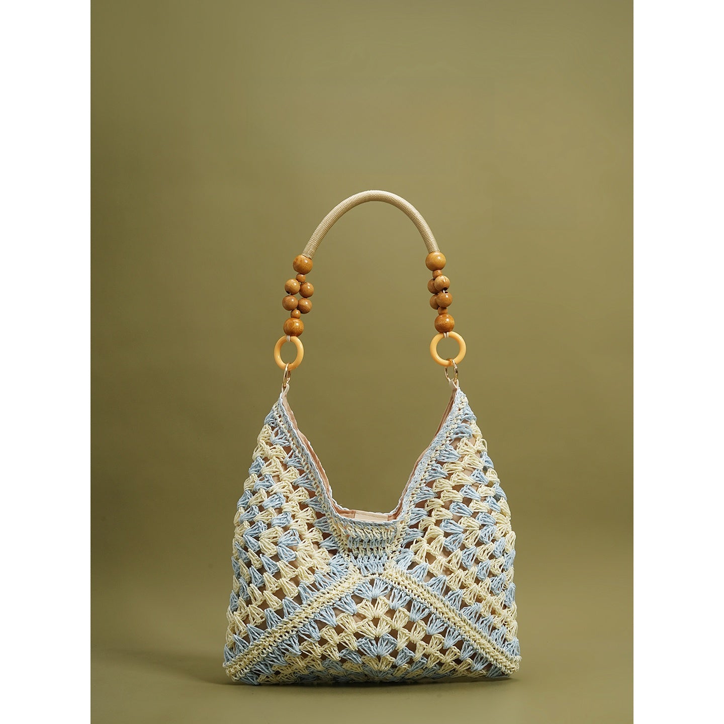 Woven Straw Beaded Shoulder Tote Bag